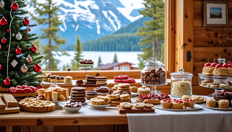 A warm bed and breakfast interior in Canada featuring a table laden with artisanal snacks and sweets